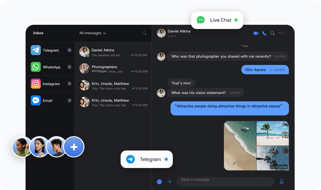 One Knocket inbox bringing together chat, Telegram, WhatsApp, Instagram, and email