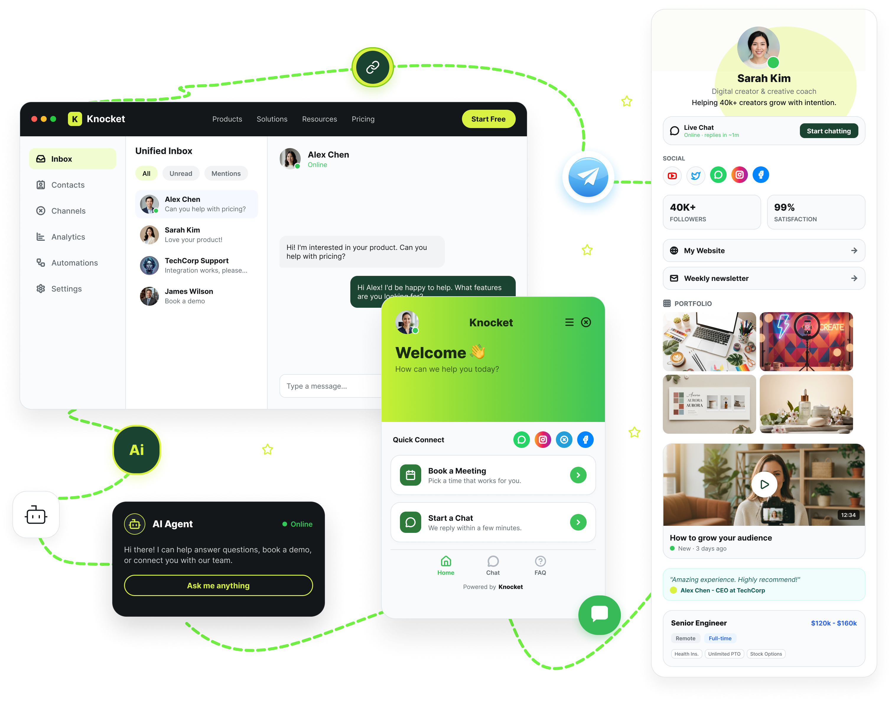 Knocket unified inbox, contact page, widget, Telegram, and AI agent overview